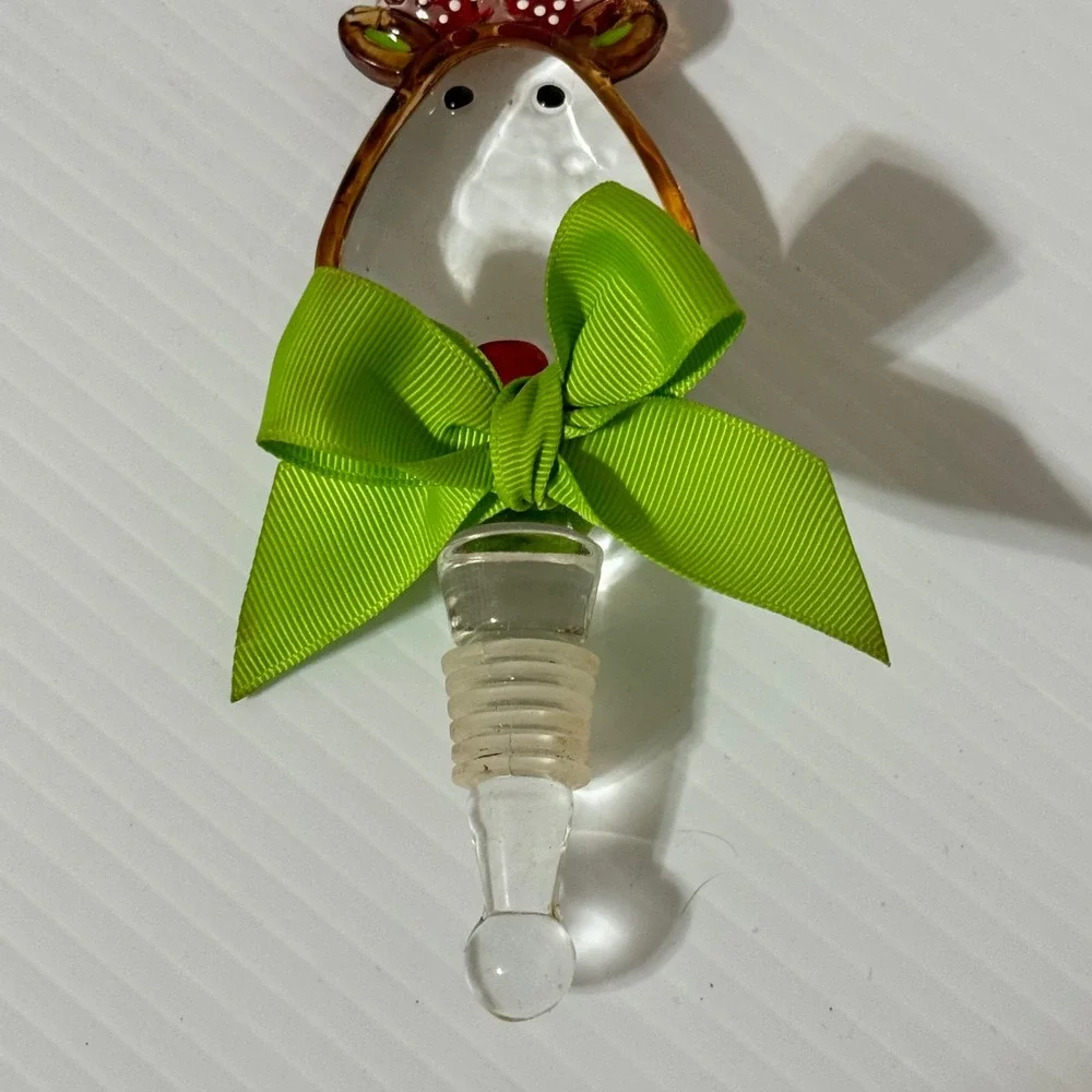 Hand Blown Glass Reindeer Wine Bottle Stopper Christmas Holiday Red Green Bow